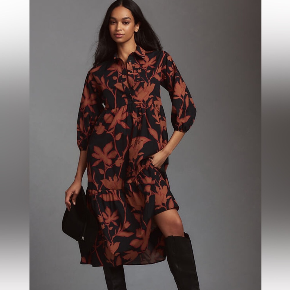 Anthropologie Maeve Black Midi Dress with Rust Floral Print